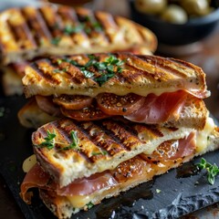 panini sandwich with prosciutto, brie, and fig jam, served on a slate platter with a small side of olives