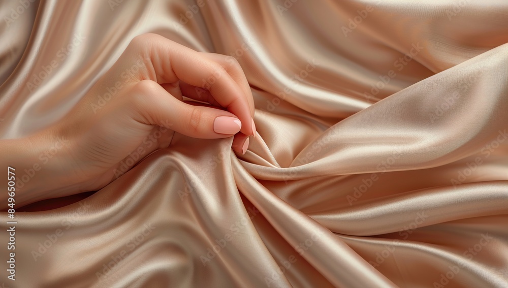 Sticker soft, elegant hand interacting with satin fabric