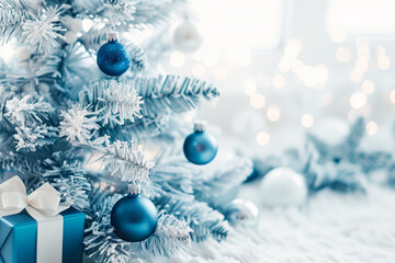 A beautifully decorated Christmas tree with blue ornaments and a matching wrapped gift, set against a backdrop of twinkling lights, evoking festive joy