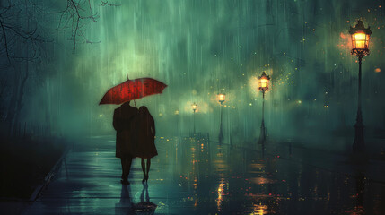 A couple out sharing a romantic evening under a red umbrella as they stroll along a misty, rain-slicked Street, lights reflect on the wet pavement, vintage atmospheric European city.