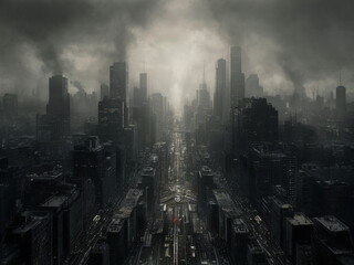 sprawling metropolis, where smog and pollution shroud the towering skyscrapers and buildings