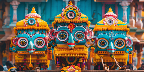 Fototapeta premium Vibrant Ratha Yatra festival scene with ornate, colorful chariots of Lord Jagannath amidst a lively crowd. The street is adorned with bright decorations and marigold garlands, capturing the festive