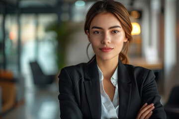 A young woman in a black blazer stands with her arms crossed in an office