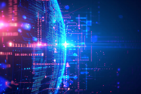 Abstract digital globe with binary code and data streams - Powered by Adobe