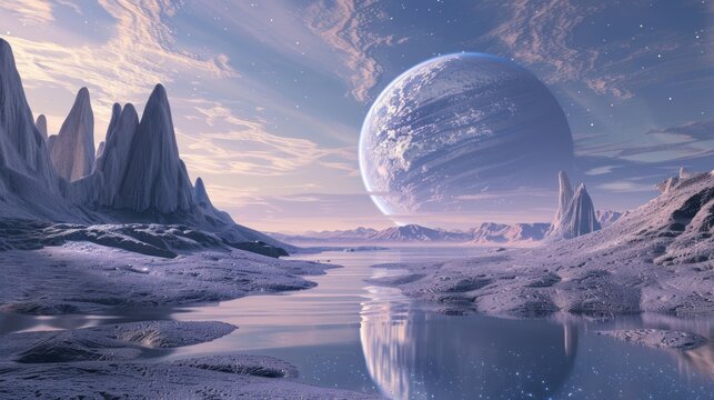 fantasy Amazing view of an unknown futuristic planet with rocky mountain views