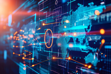 A digital map of the world is displayed on a screen with glowing lines connecting data points
