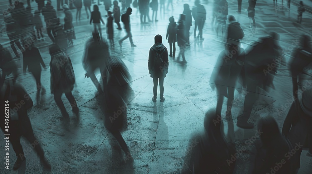 Poster a lone person stands in the midst of a bustling crowd, their silhouette sharp against the blurred ba