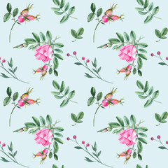 Dog rose Floral Watercolor seamless pattern on blue background. Hand drawn botanical illustration. Rose hip flowers, buds, branches and berries. Can be used for fabric, textile, packaging prints