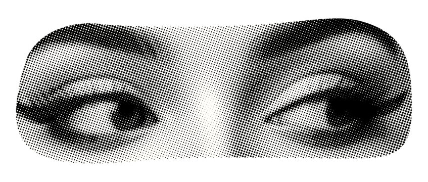 face part with makeup eyes looking to the side isolated retro pop art halftone effect old newspaper print cut-out collage element