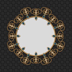 Vintage round pattern, jewelry with rubies and transparent gems on a black background, the shape of a mandala or snowflake. Beautiful jewelry, medallion, brooch, decoration.