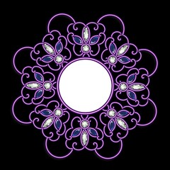 Vintage round pattern, jewelry with rubies and transparent gems on a black background, the shape of a mandala or snowflake. Beautiful jewelry, medallion, brooch, decoration.