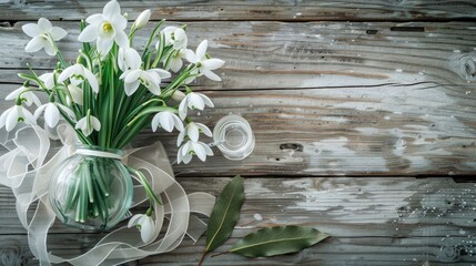 Snowdrop flowers displayed in a vase on a wooden surface with a glass ribbon and bay leaf nearby