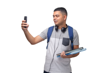 Student with backpack, notebooks and cell phone in hands. Back to school concept. university concept. Neutral background.