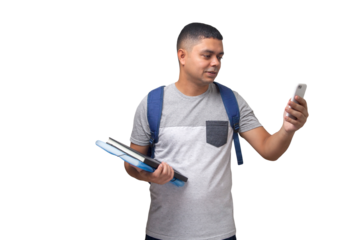 Student with backpack, notebooks and cell phone in hands. Back to school concept. university concept. Neutral background.