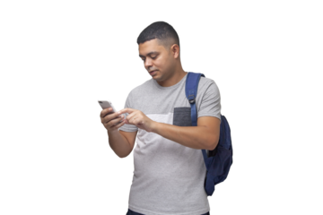 Student with backpack, notebooks and cell phone in hands. Back to school concept. university concept. Neutral background.