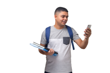 Student with backpack, notebooks and cell phone in hands. Back to school concept. university concept. Neutral background.