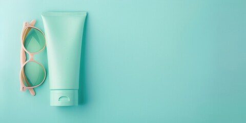 Mint green sunscreen tube and sunglasses on minimalistic background