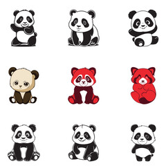  set of cute panda vector design, panda, vector, sport, pattern, illustration, icon, symbol, animal, skull, bear, seamless, design, cute, game, set, fun, character, black, love, sign, happy, baby