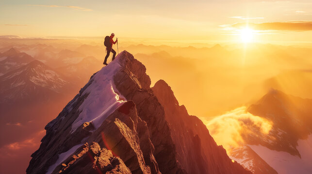 A climber reaching the summit of a rugged peak with a dramatic sunrise in the background.