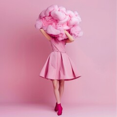 Fototapeta premium A striking image with a person holding a large mass of cotton candy behind their blurred head