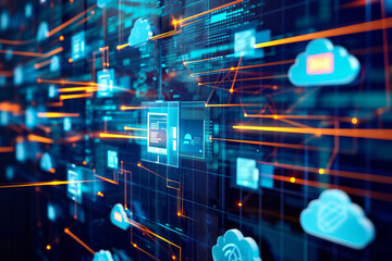 Fototapeta premium A digital network with icons representing cloud computing and data transfer