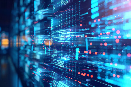 A digital data stream visualized as a wall of glowing blue and red lines in a dark server room