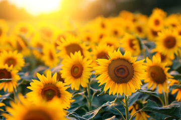 Obraz premium A field of sunflowers bathed in warm, golden light at sunset
