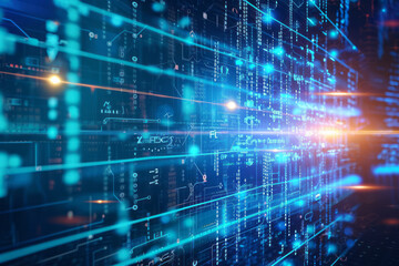 Obraz premium Abstract digital network with blue lines and binary code in the background
