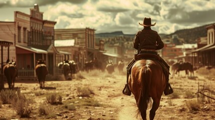 Cowboy on horseback, movie scene in Wild West town.