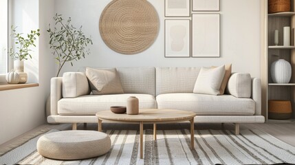 Cozy beige Japandi living room interior featuring minimalist modern apartment design