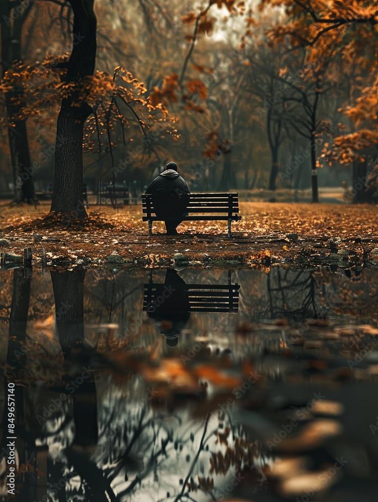 Poster a person sits alone on a bench in a park, their face obscured by shadows. the scene is dominated by 