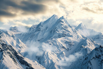 Obraz premium A scenic view of a snow-covered mountain range with clouds