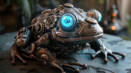 Fototapeta premium Cybernetic Steampunk Monster Frog Animal Robot. AI generated image