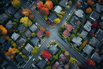 Overhead view of homes and streets in a suburban neighborhood during autumn