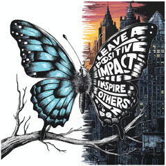Urban sunset backdrop for rebellious butterfly wings a canvas of typography in the city with bold letters