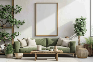 A modern living room with a green sofa, wooden coffee table, and plants