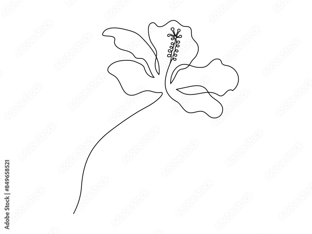 Poster hibiscus flower in one continuous line drawing. floral abstract symbol in simple linear style. organ
