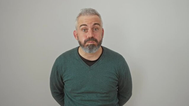 Amusing portrait of a handsome, bearded young man standing isolated. wearing a sweater, he's hilariously puffing cheeks, blowing air into his mouth- creating a funny, inflated face!