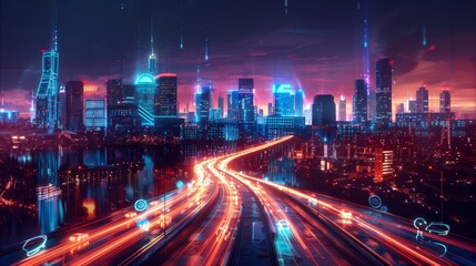 Fototapeta premium Futuristic cityscape at night with glowing skyscrapers and vibrant highway lights, highlighting urban innovation and technology.