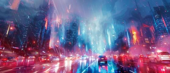 Fototapeta premium Futuristic cityscape at night with neon lights and vibrant colors, reflecting on wet streets. Modern urban scenery with bustling traffic.