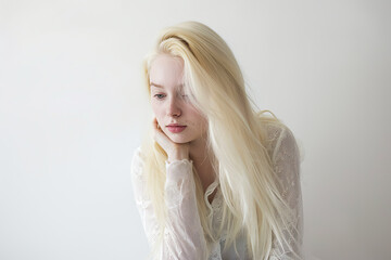 Naklejka premium Albino woman dressed in white on a white background, lost in thought.