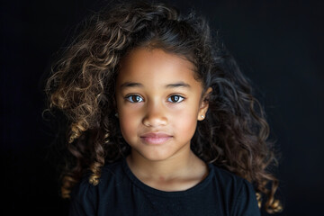 Mixed Race Little Girl Isolated on a black Background Adorable Child Smiling Happy Playful Stylish Innocent Youthful Ethnic Cultural Portrait Studio Photography Bright Cheerful Fashionable