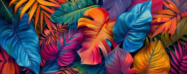 Colorful tropical leaves background. Close-up view for design and print.