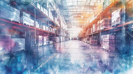 Fototapeta premium Abstract modern warehouse with tall shelves and colorful lighting, reflecting innovation in industrial storage solutions.