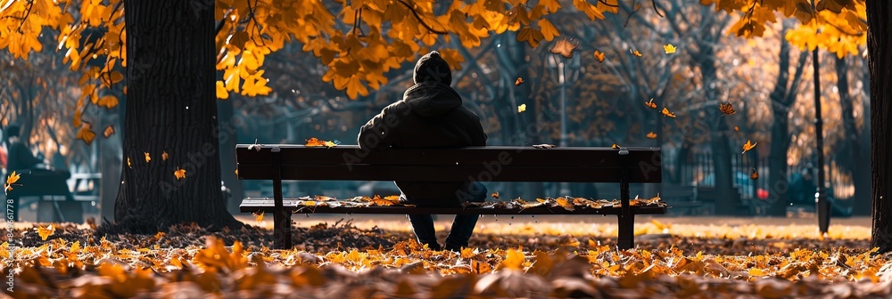 Poster a person sits alone on a park bench, surrounded by fallen leaves, with only a sliver of sunlight ill