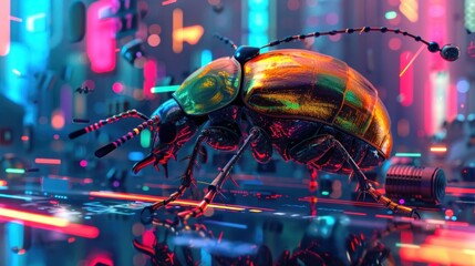Cyberpunk futuristic digital neon cyborg scarab animal, AI generated
