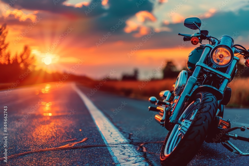 Sticker Sunset silhouette  motorcycle parked on road s right side with selective focus on background