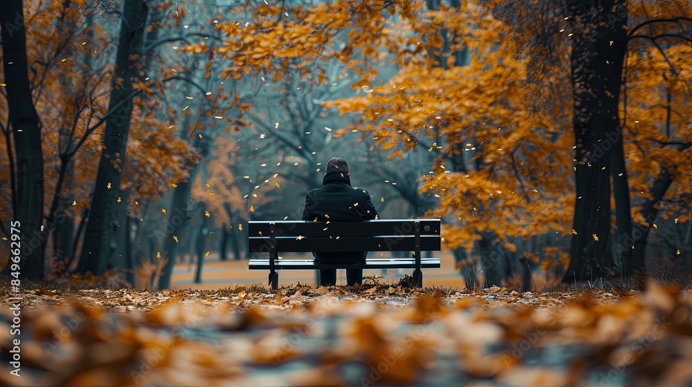 Poster a person sits alone on a bench in a park, their face obscured by shadows as leaves fall around them.