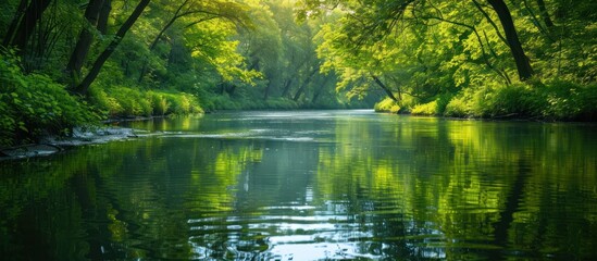Obraz premium Tranquil river scene in lush green forest