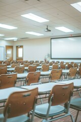 Empty classroom with rows of chairs and desks facing whiteboard in bright, well-lit educational environment.